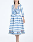 Souci Blue Stripes Midi Dress With Grapevine Inspired Floral Embroidery Details (Famn Mon Wombman Collection)
