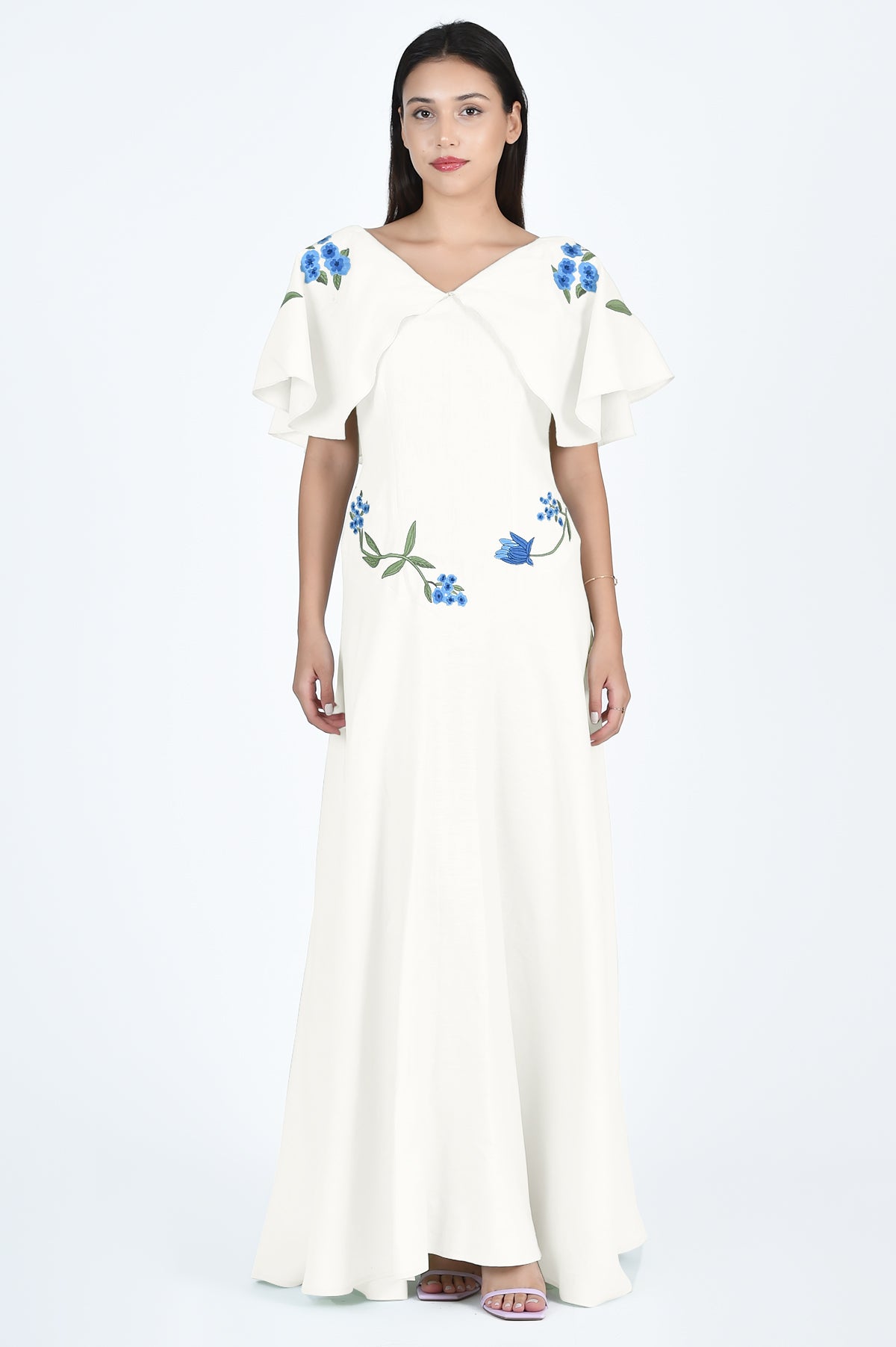 Famn Mon Alexis Maxi Dress with floral embroidery and ruffled sleeves in Ivory (Wombman Collection)