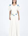 Famn Mon Alexis Maxi Dress with floral embroidery and ruffled sleeves in Ivory (Wombman Collection)