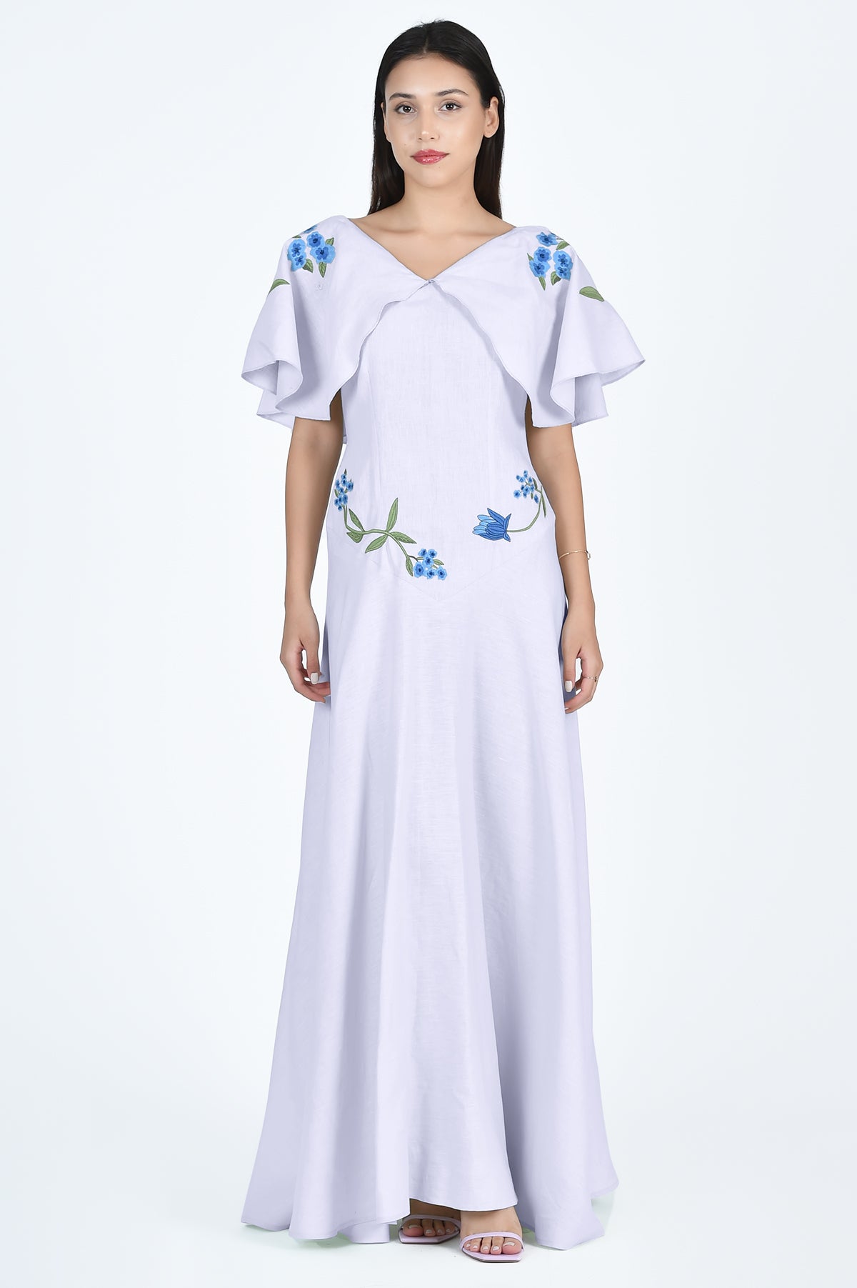  Alexis Maxi Dress in Lilac with floral embroidery and ruffled sleeves by Fanm Mon (Wombman Collection)