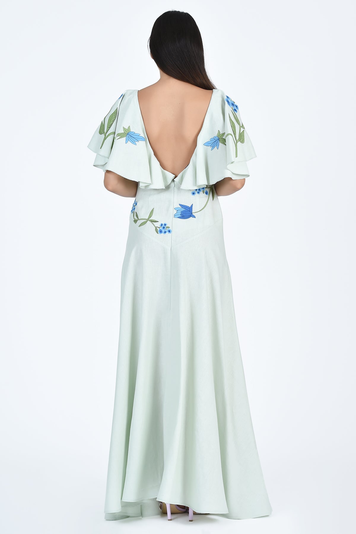 Fanm Mon Alexis Dress Open Back with Floral Embroidery in Mint (Wombman Collection)