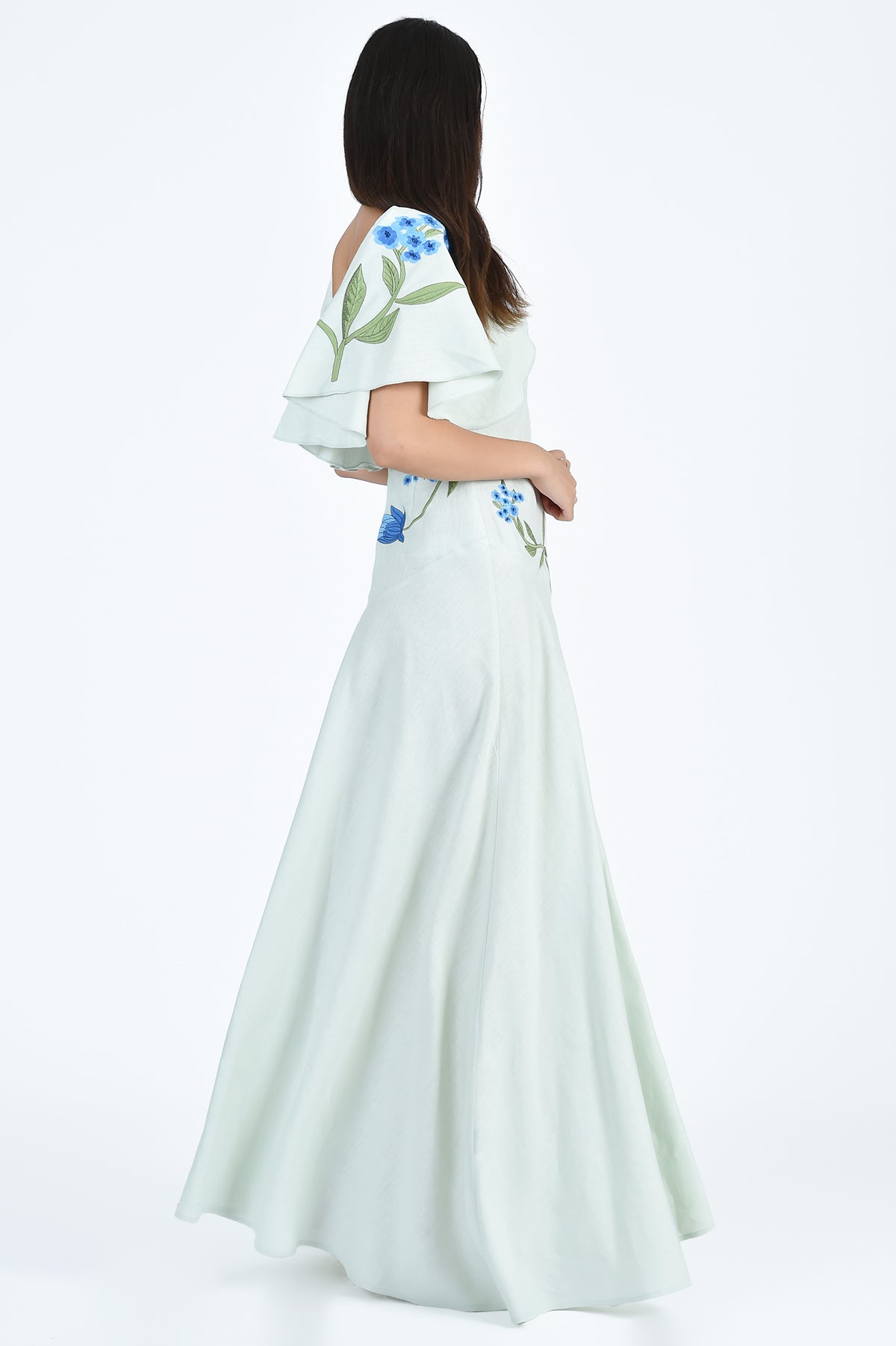 Fanm Mon Alexis Dress in Mint with Floral Embroidered Sleeve (Wombman Collection)