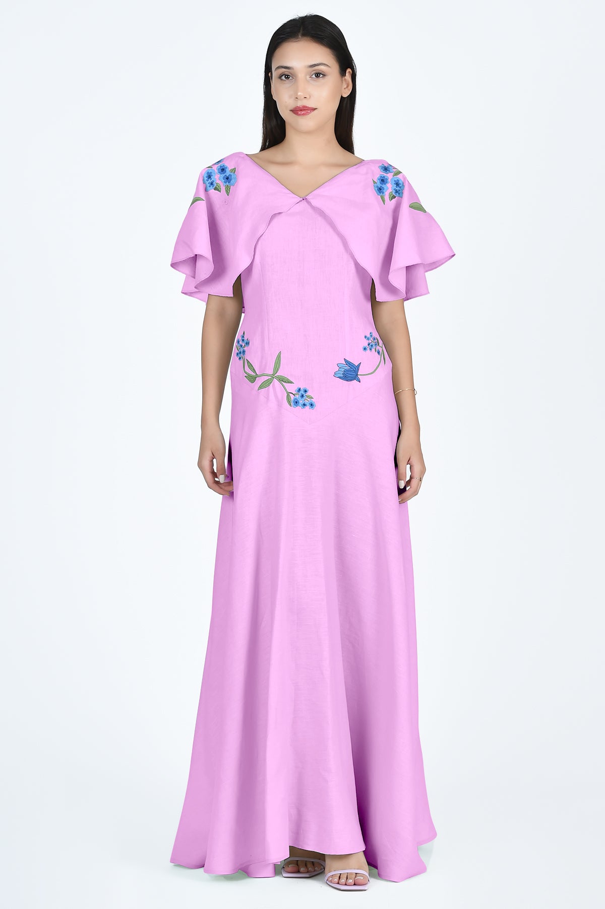 Fanm Mon Alexis Dress in Plum Pink with Floral Embroidery and Ruffle Sleeves (Wombman Collection)