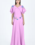 Fanm Mon Alexis Dress in Plum Pink with Floral Embroidery and Ruffle Sleeves (Wombman Collection)
