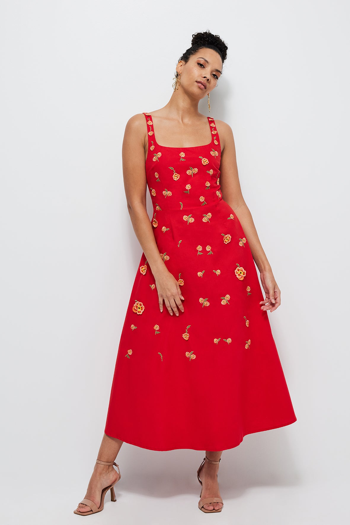 Amaracia Dress in Red Cotton with All Over Floral Embroidery Detail 