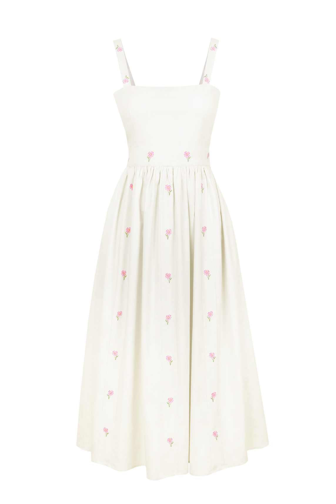 Arya Dress by Fanm Mon featuring embroidered hydrangea motifs, wide straps, and a feminine gathered midi skirt.