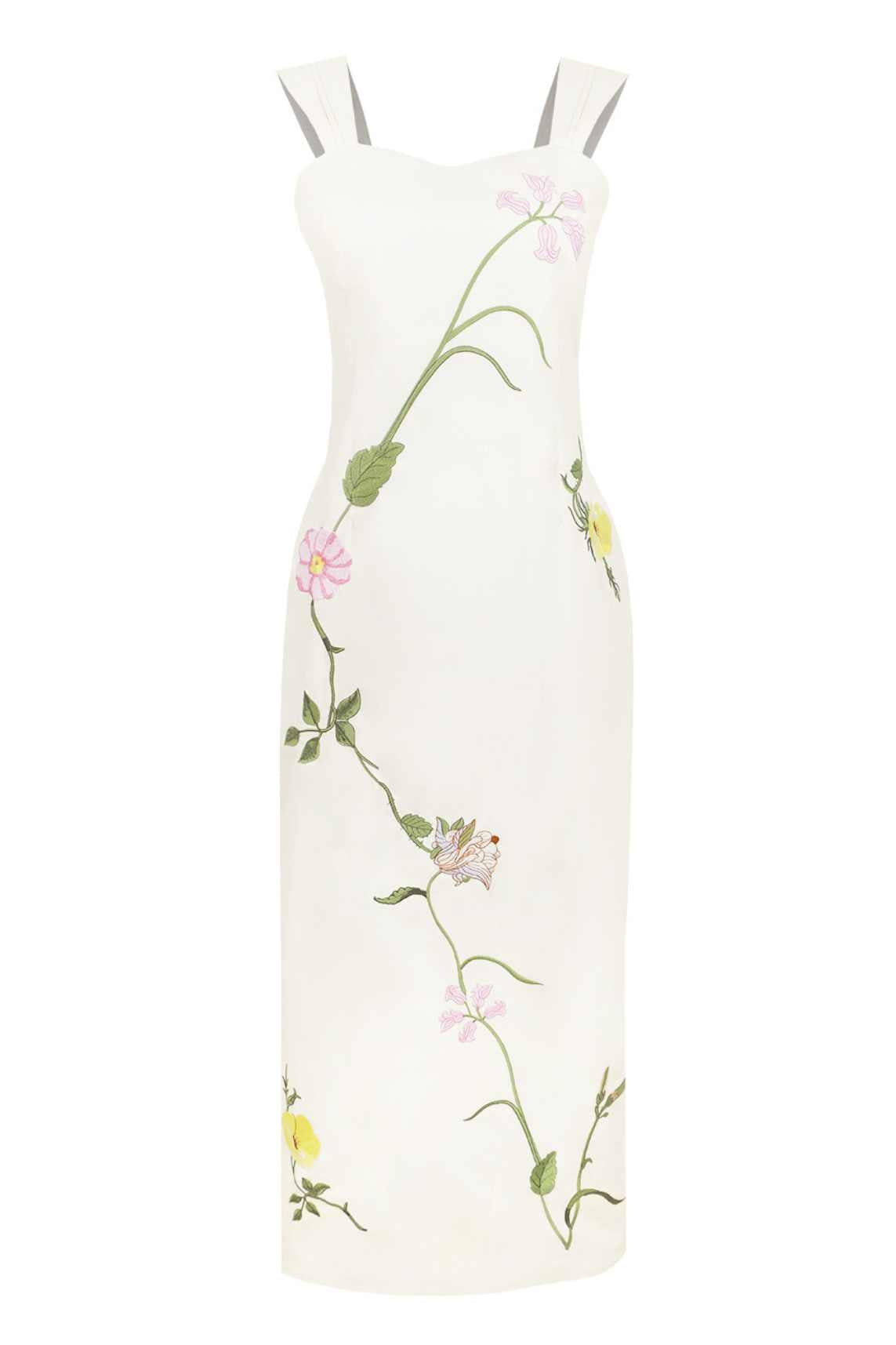 Bafra Dress by Fanm Mon featuring embroidered climbing floral vines, a sweetheart neckline, and a refined midi-length column silhouette.