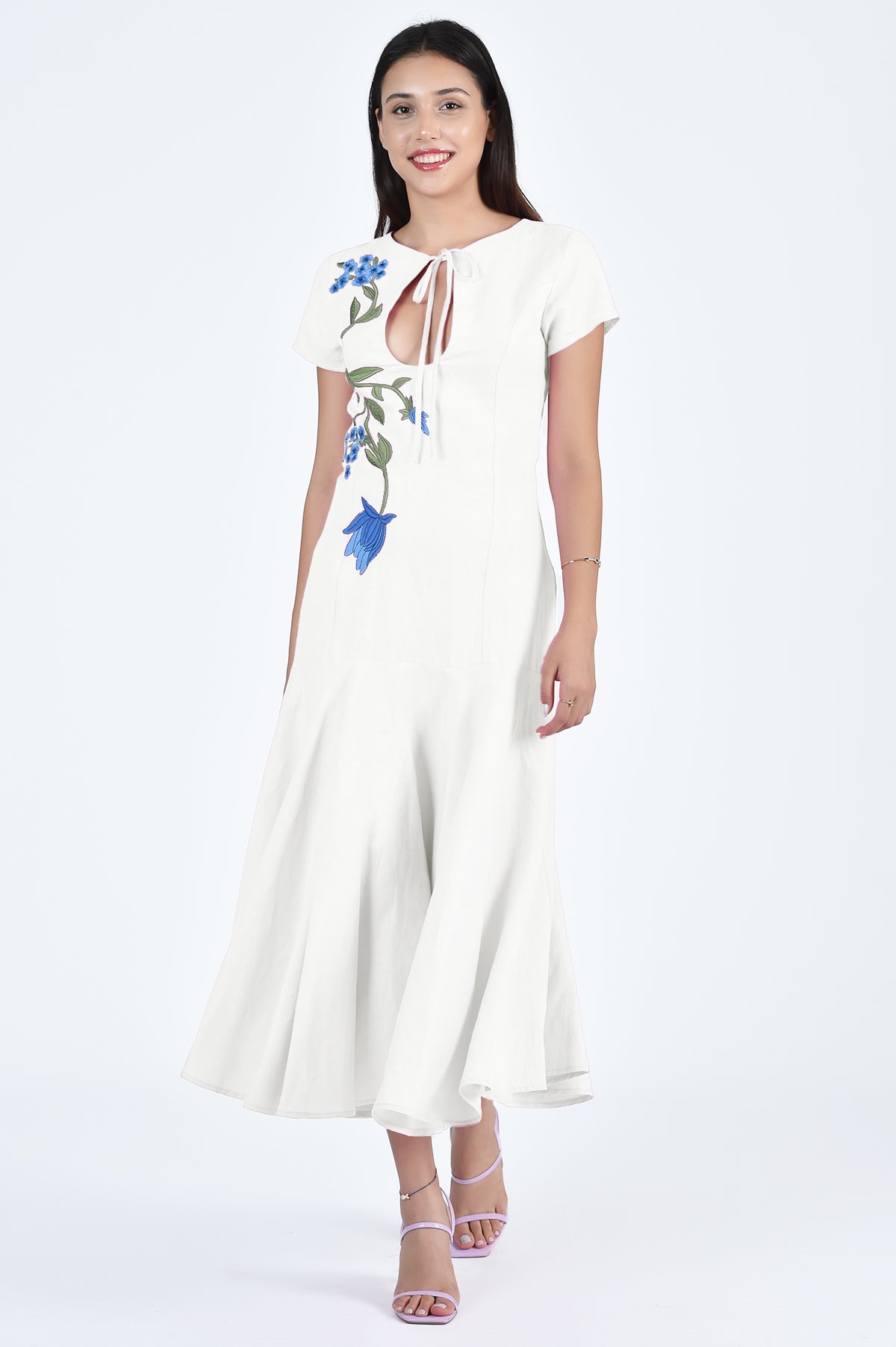 Barbara Midi-Dress in Ivory with Blue Floral Embroidery by Fanm Mon (Wombman Collection)