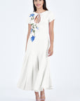Barbara Midi-Dress in Ivory with Blue Floral Embroidery by Fanm Mon (Wombman Collection)
