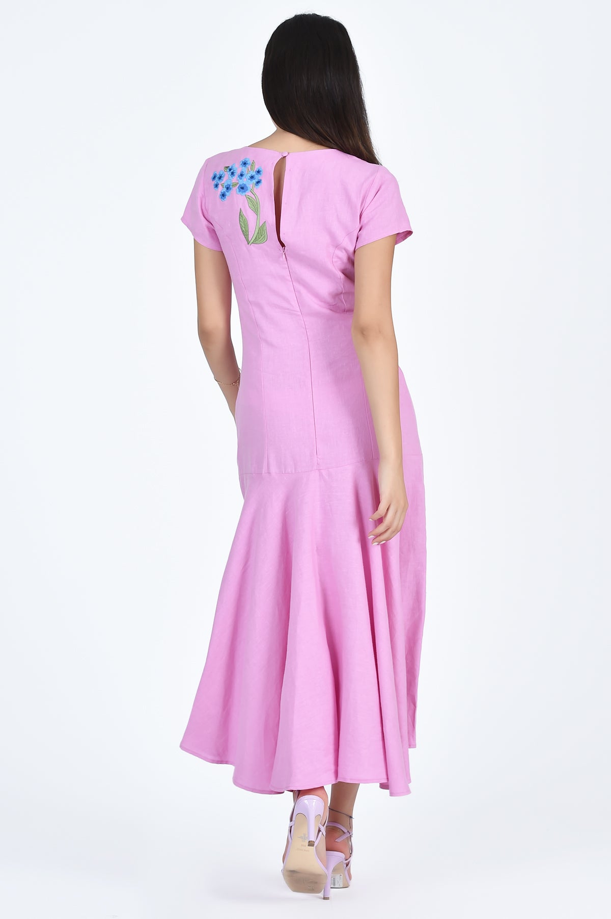 Fanm Mon Barbara Midi-Dress Back with hiddner zipper clousure and peekaboo back with Blue Floral Embroidery (Wombman Collection)