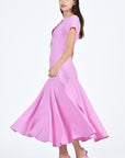 Fanm Mon Barbara Dress in Plum Side View of Tuliped Skirt and Cap Sleeves (Wombman Collection)