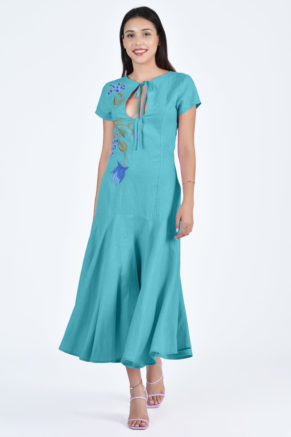 Barbara Dress by Fanm Mon in Teal with Floral Embroidery Details