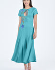 Barbara Dress by Fanm Mon in Teal with Floral Embroidery Details