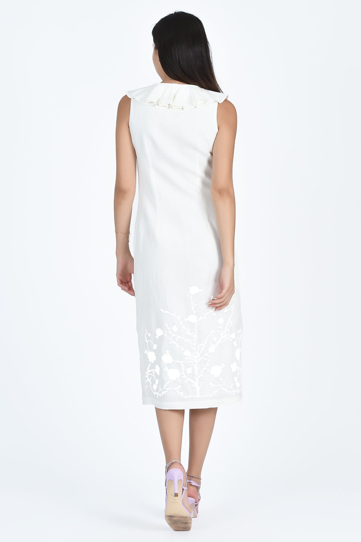 Back of Fanm Mon Belinda Dress in Ivory with White Floral Embroidery