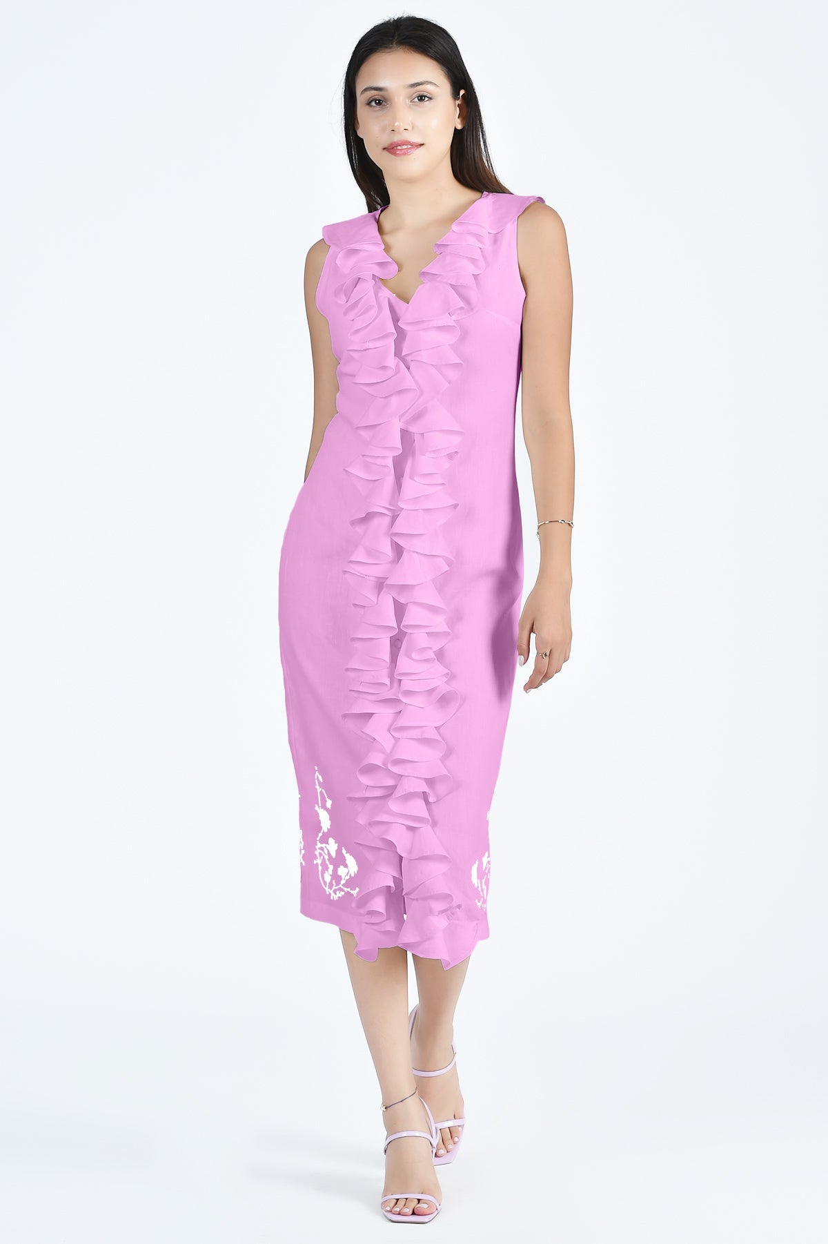 Fanm Mon Belinda Dress in Plum with Ruffle Front and White Floral Embroidery (Wombman Collection)