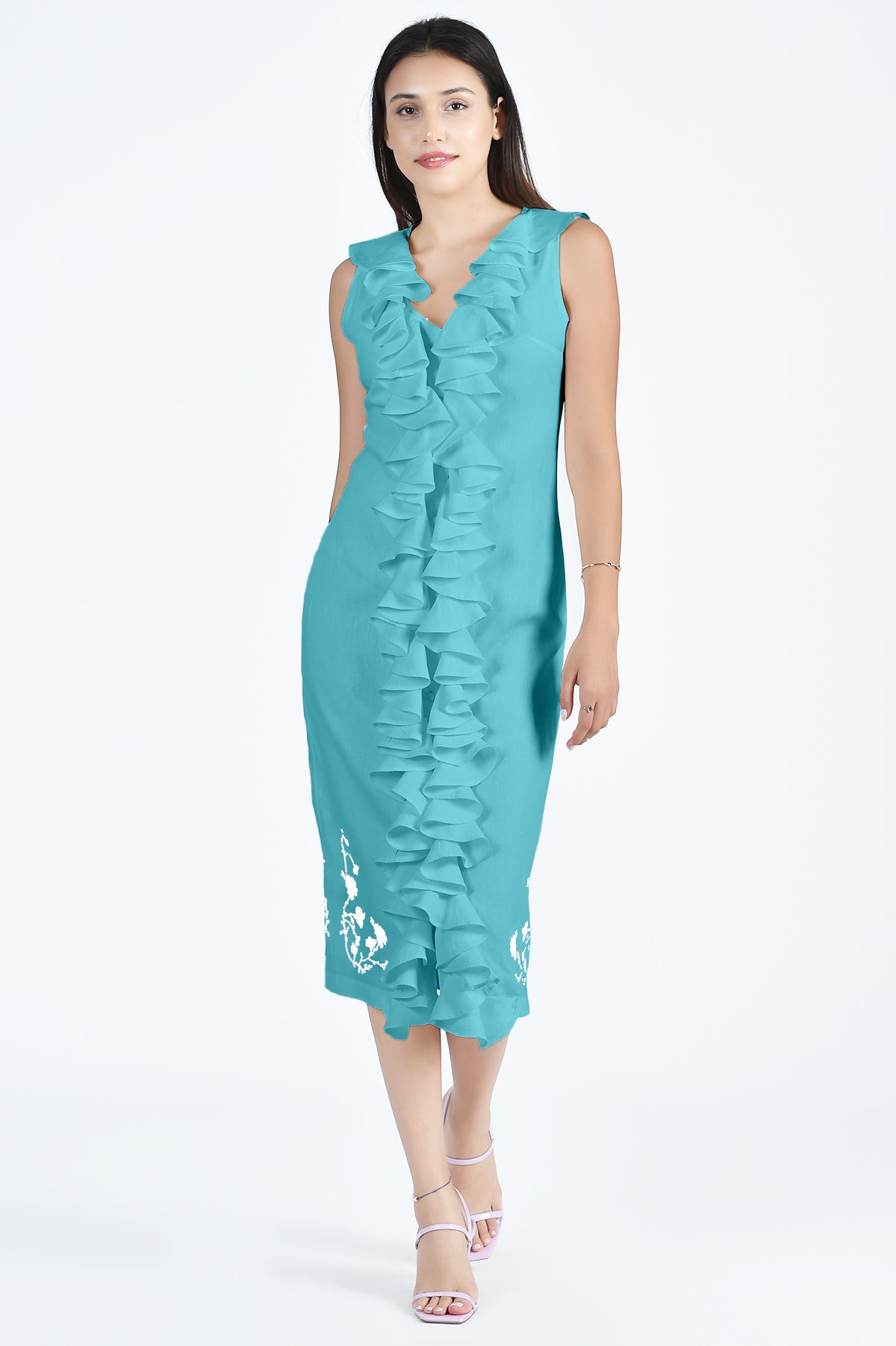Fanm Mon Belinda Dress in Teal with Ruffle Front and White Floral Embroidery Details 