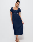 Fanm Mon Short Sleeve Belkis Dress in Indigo Blue