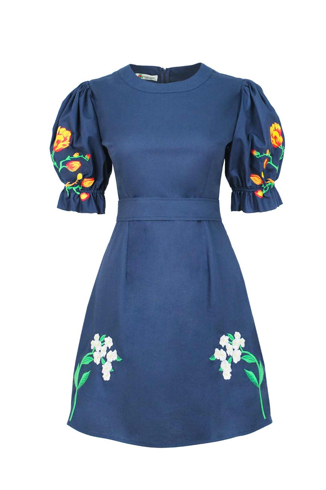 Cansel Dress by Fanm Mon featuring hand-placed tulip and jasmine embroidery, puff sleeves, removable belt, and A-line silhouette.