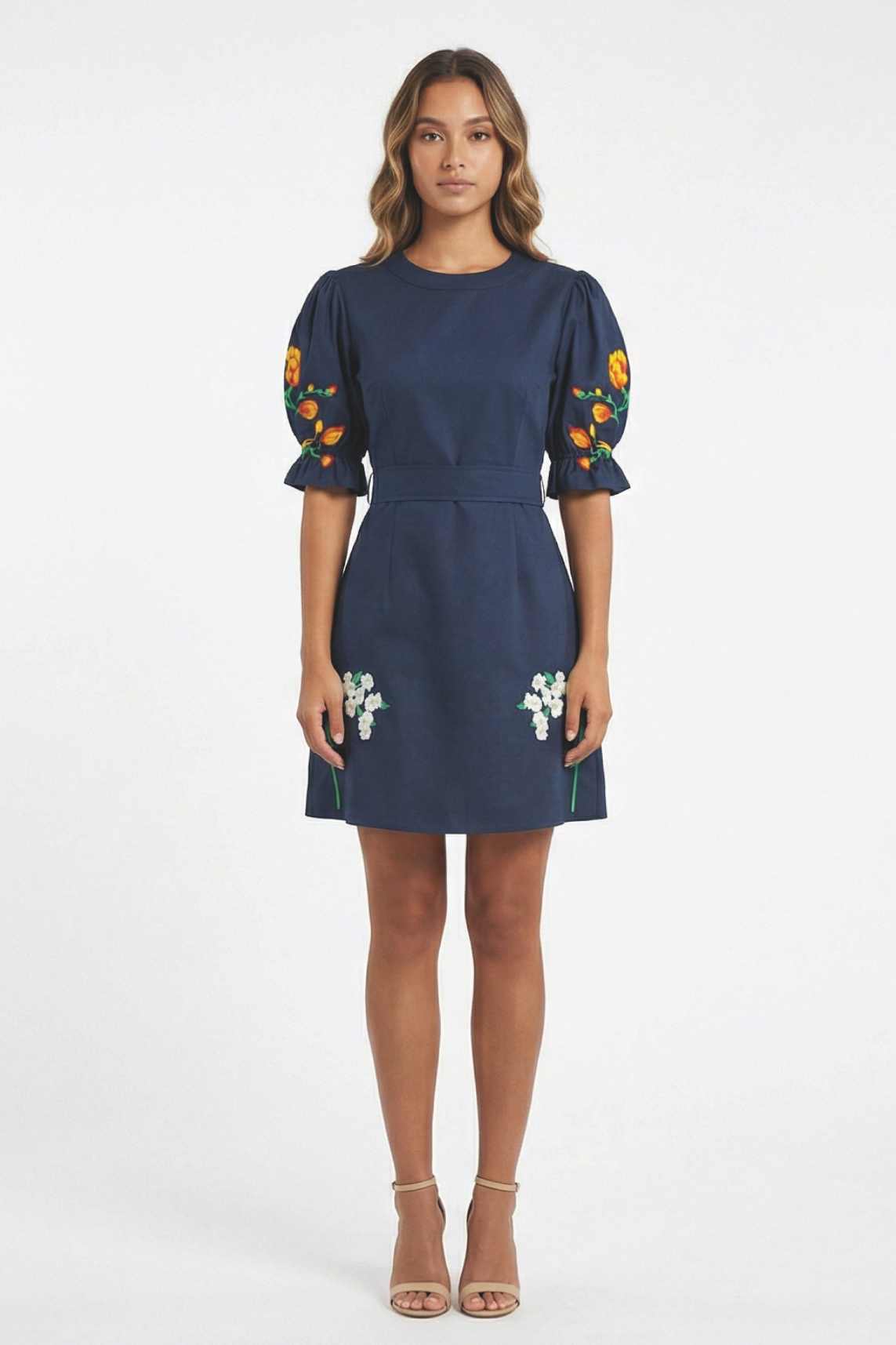 Fanm Mon Cansel Dress featuring tulip and jasmine embroidery, puff sleeves, removable belt, and A-line mini silhouette.