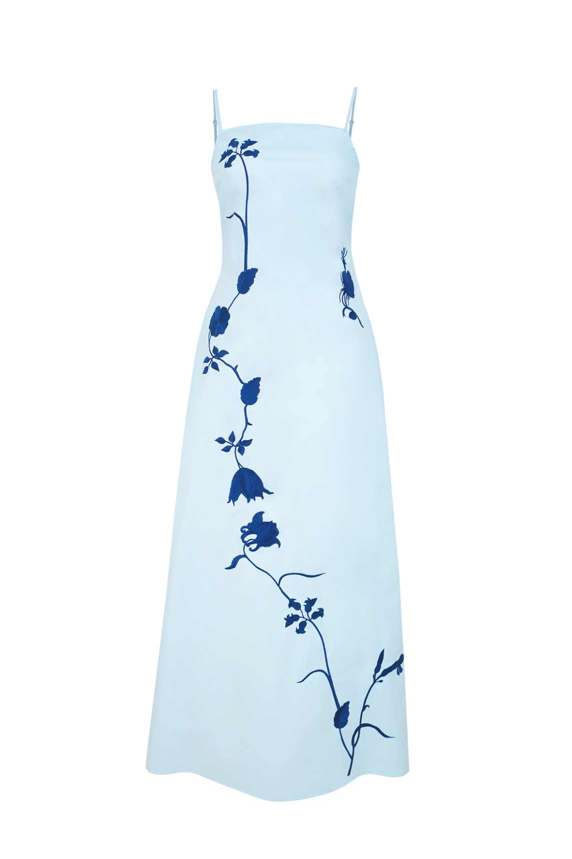 Carmen Dress by Fanm Mon featuring botanical floral embroidery cascading across an elegant maxi-length silhouette.