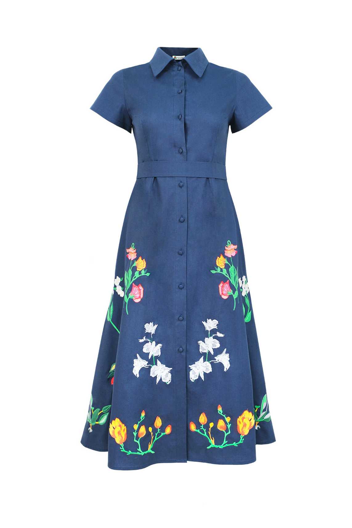 Fanm Mon Elena Dress with shirt collar, covered button-front closure, short sleeves, and floral embroidery throughout the skirt.