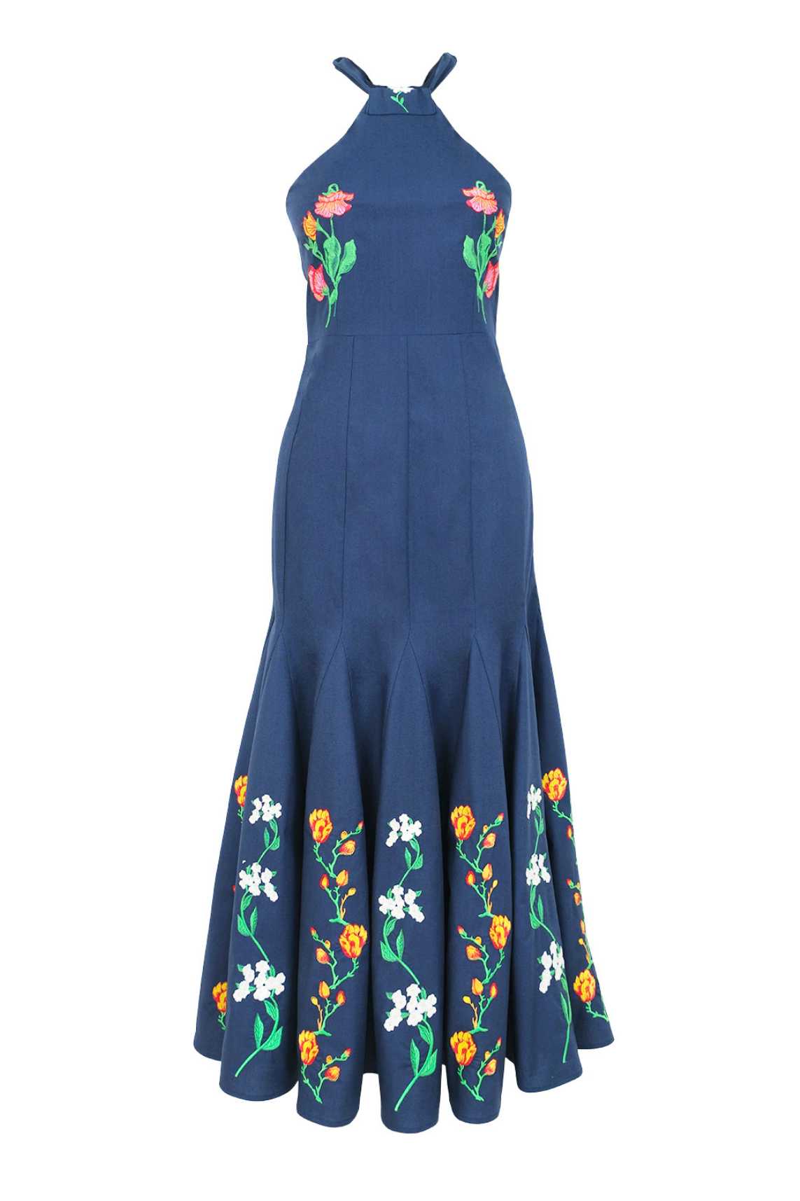 Embroidered halter midi dress featuring floral embroidery along the bodice and fluted hem panels.