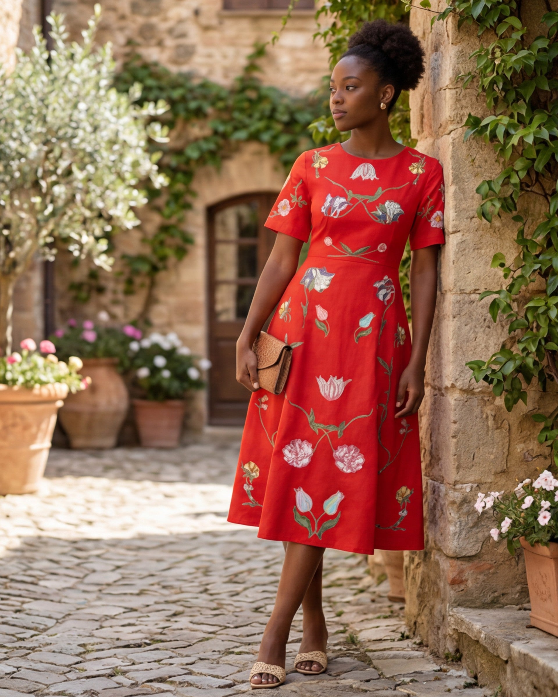 Model wearing the Fanm Mon Hannah Dress with tulip and poppy embroidery styled outdoors in a European-inspired courtyard, featuring a refined midi silhouette and artisan floral detailing