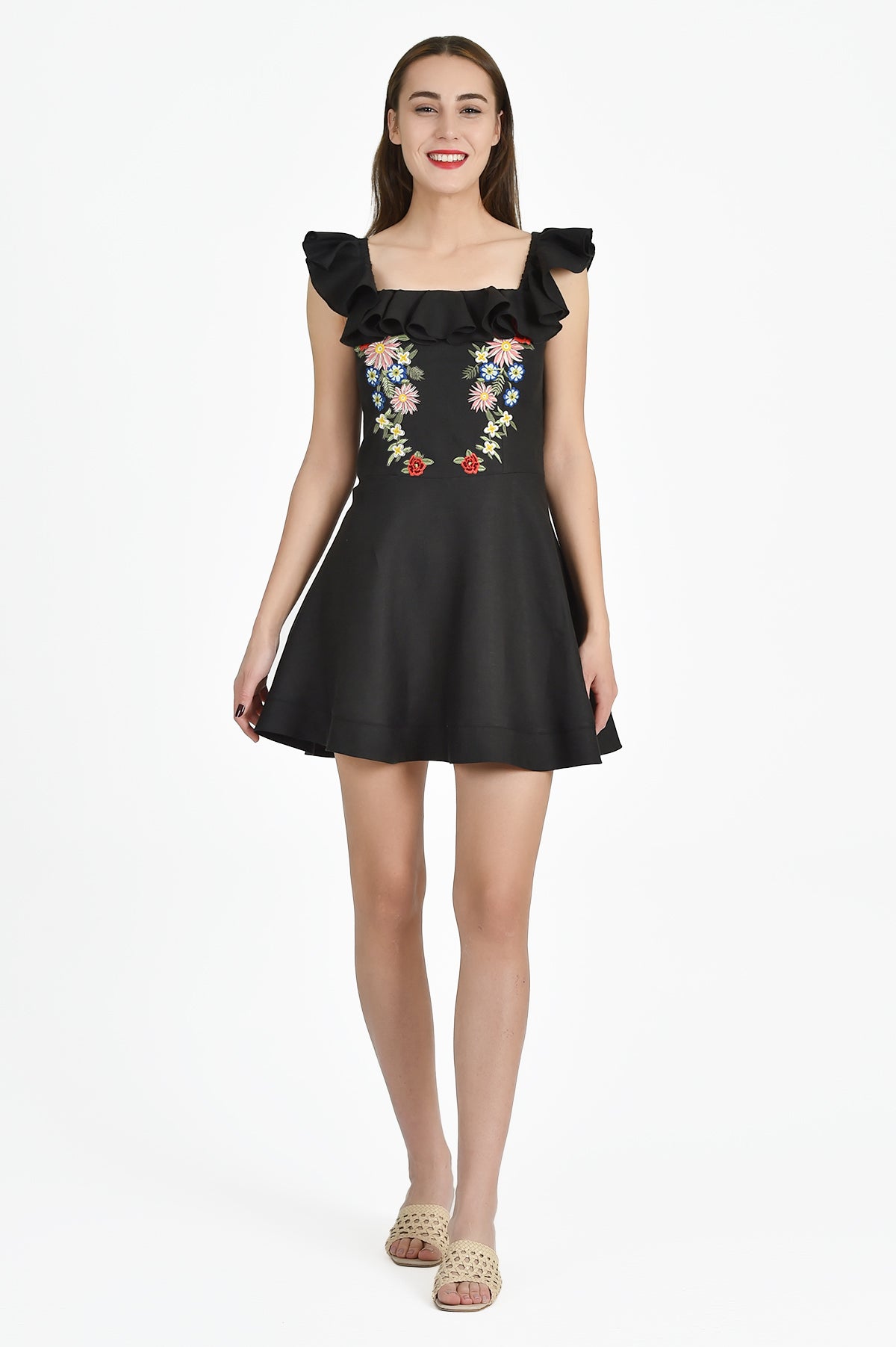Floral Embroidered Irene Dress in Black