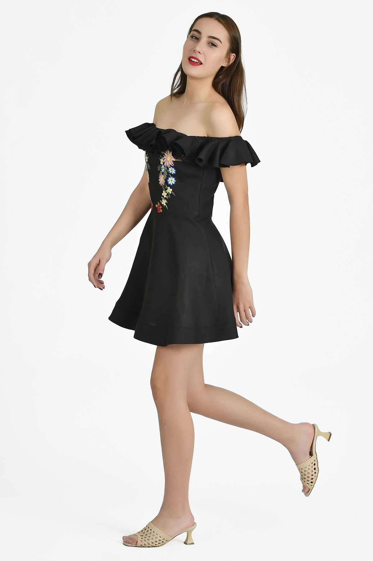 Off the Shoulder View of the Irene Dress in Black