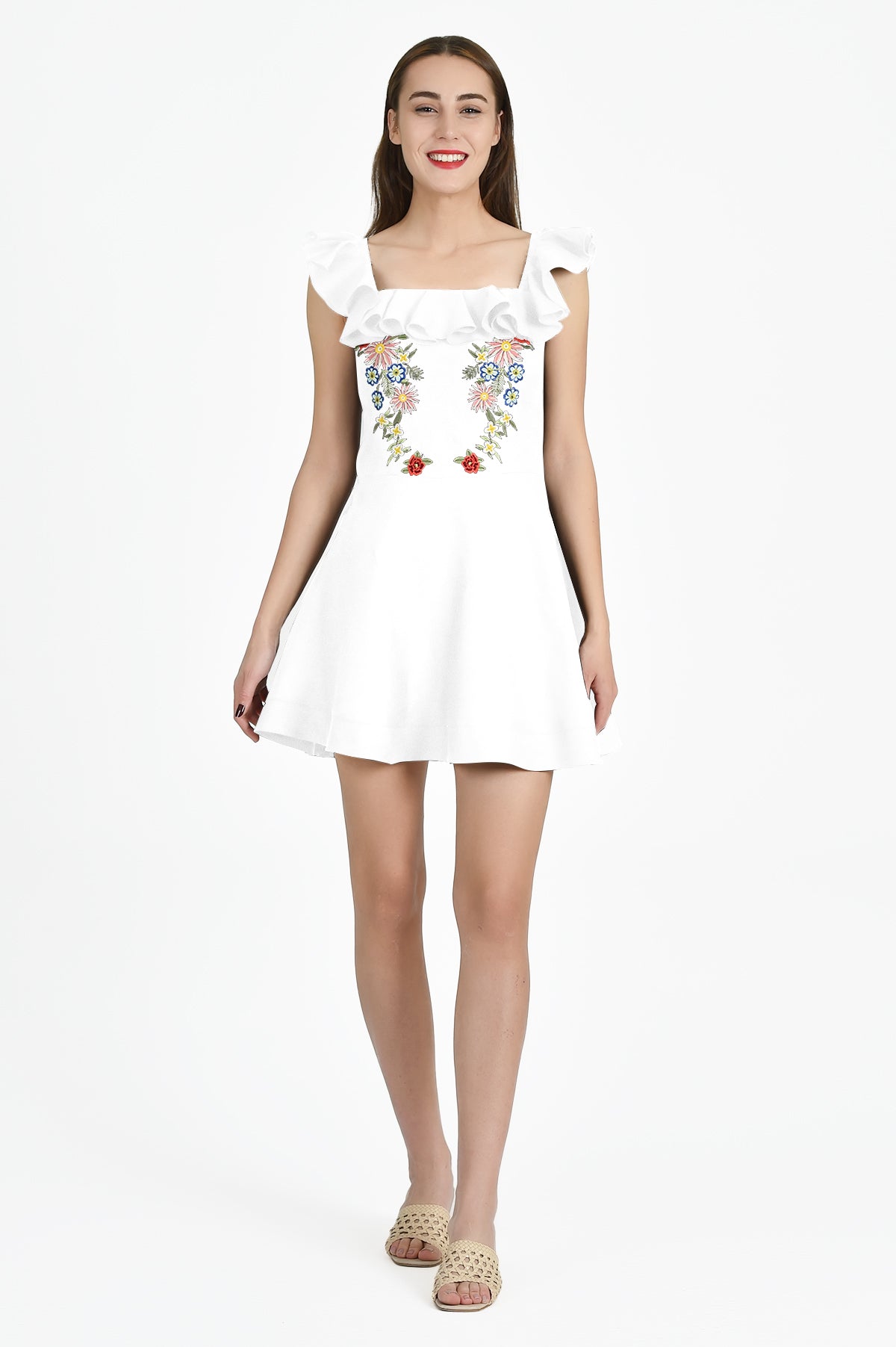 White Irene Dress with Floral Embroidery