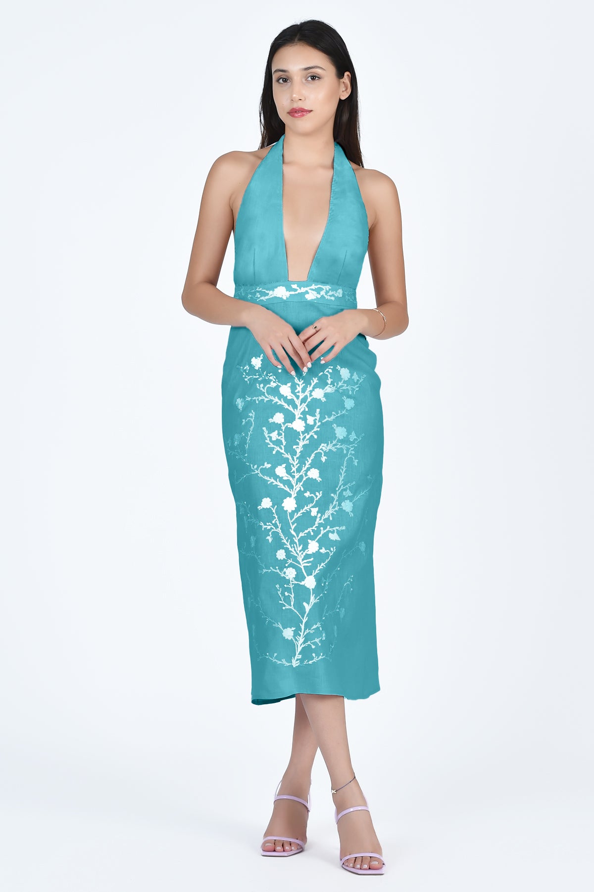 Fanm Mon Karla Cotton Halter Dress in Teal with Tree of Life Embroidery Details 
