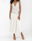 Fanm Mon and Over The Moon Kelly V Neck White and Pink Floral Midi Dress