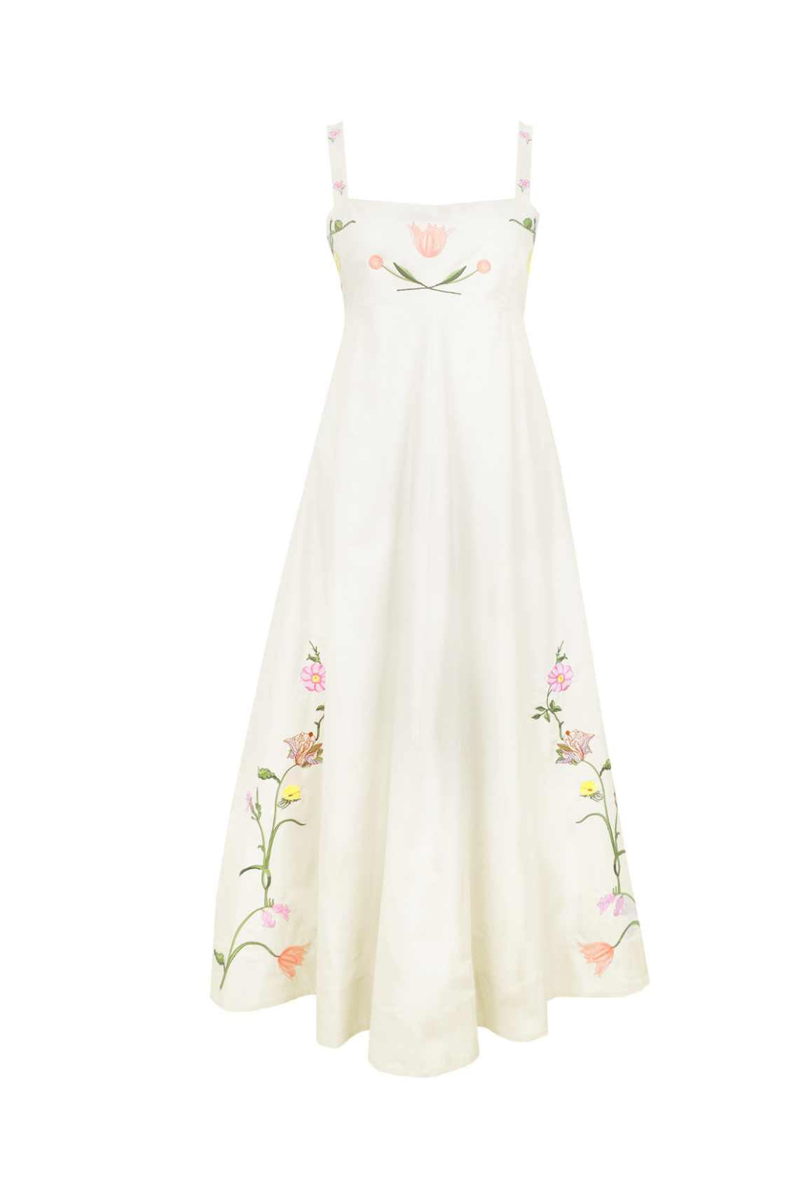 Fanm Mon Leyla Dress featuring hand-embroidered tulips, cosmos, buttercups, and lilies on a flowing empire waist maxi silhouette with a square neckline.