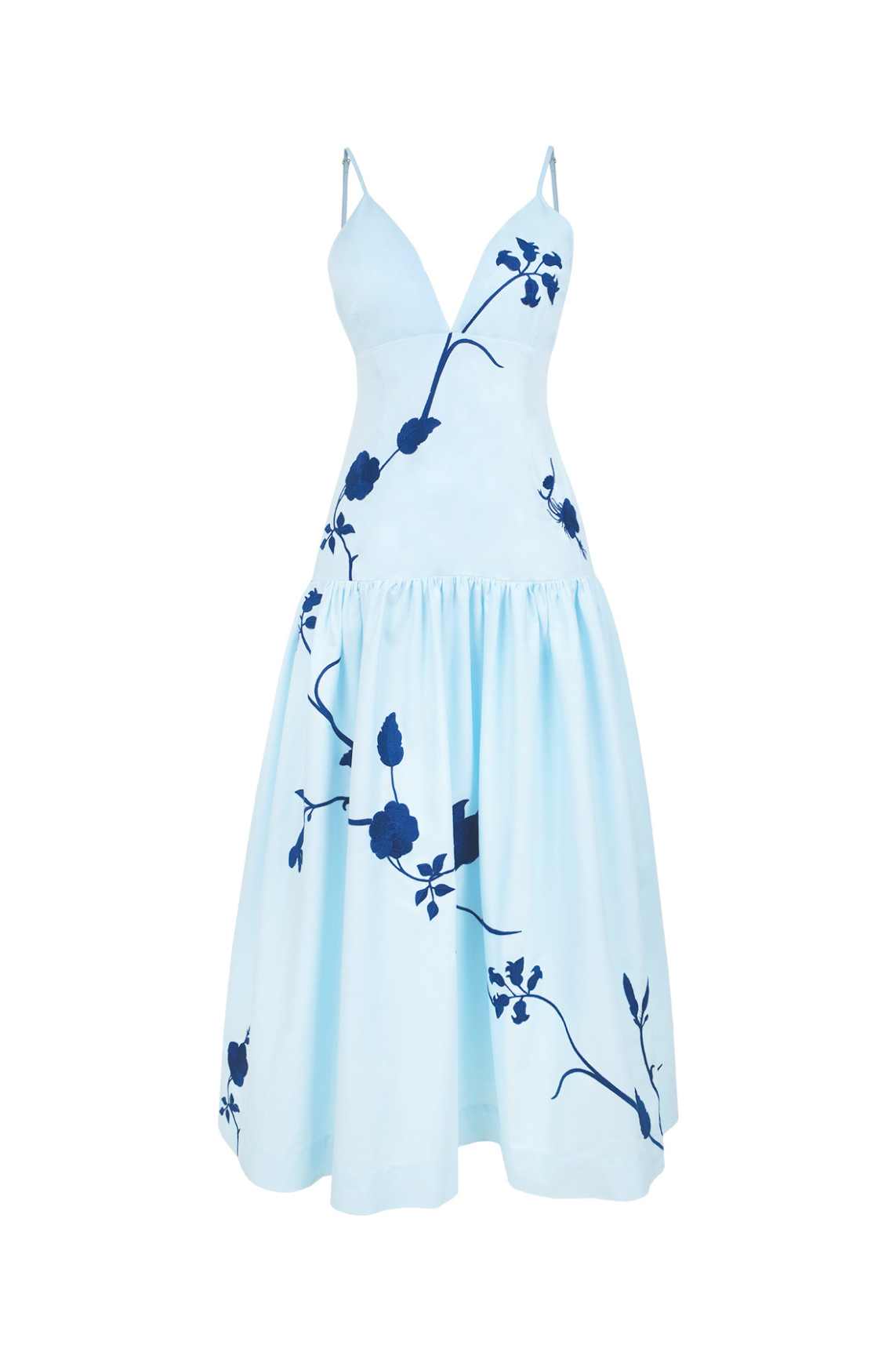 Paola Dress by Fanm Mon featuring oversized floral embroidery, adjustable straps, fitted bodice, and gathered midi skirt.