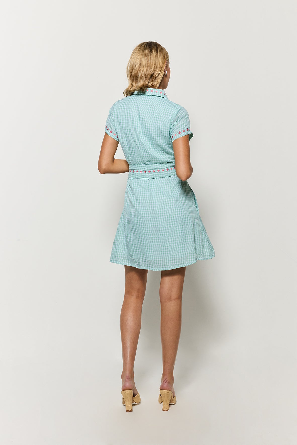 Back view Model wearing Fanm Mon Ponto Shirt Dress in light green checker like plaid with floral embroidery details on a white background