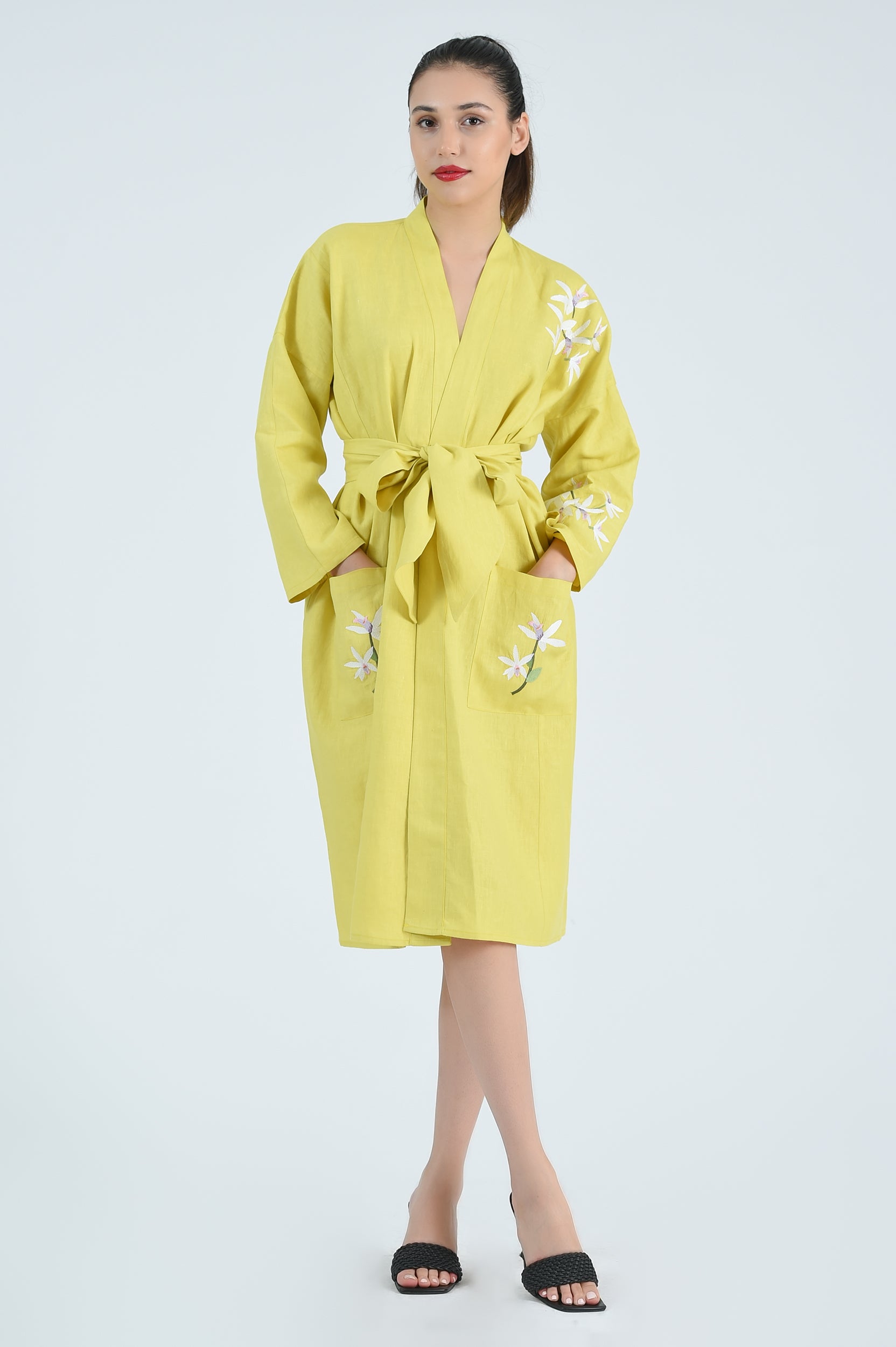 Fanm Mon Shule Cotton Wrap Dress in Mustard Lime