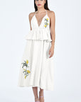Fanm Mon Sherry Dress with Sherry Midi Dress with Plunging Neckline and Yellow Floral Details