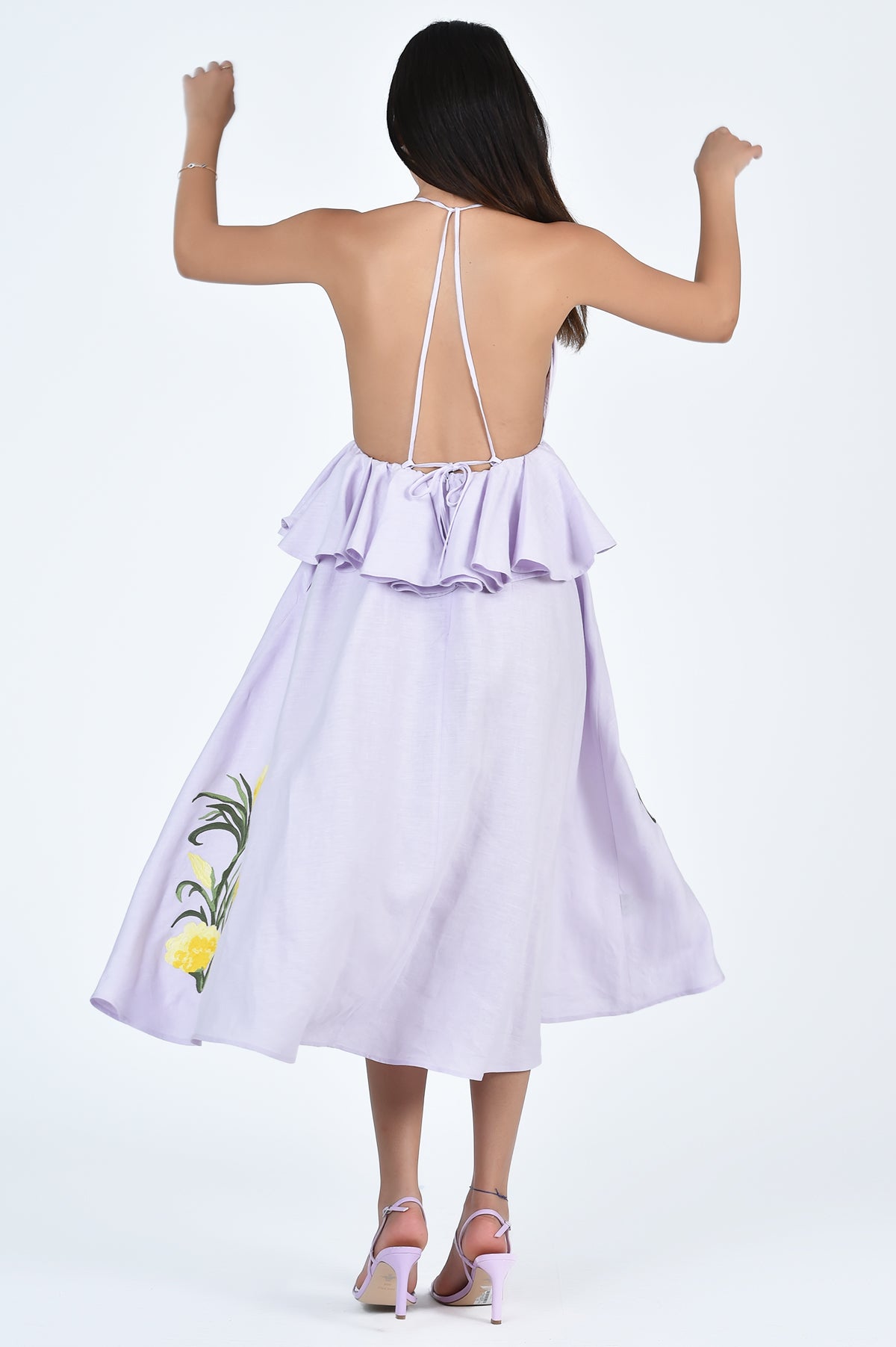 Fanm Mon Sherry Dress in Lilac Back Detail showcases Tie Back Closures 
