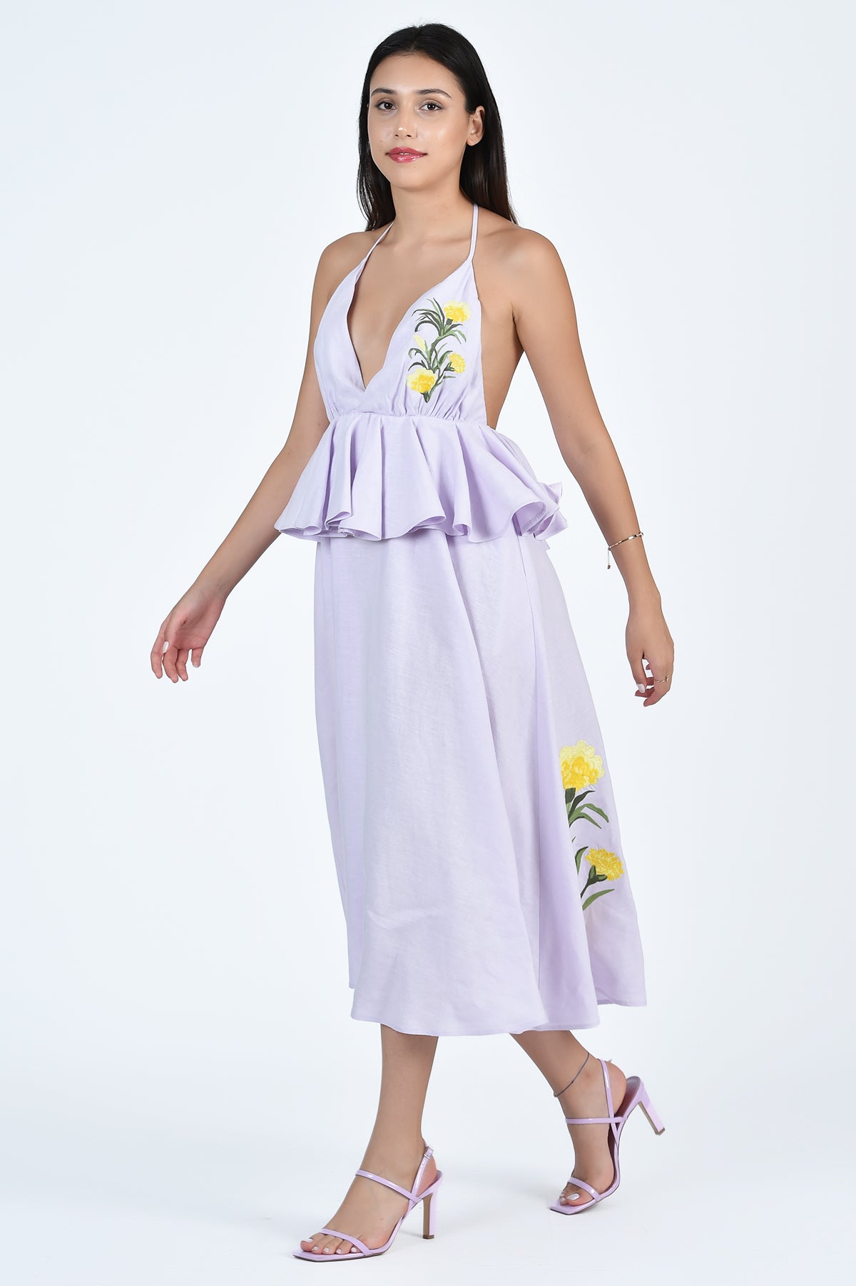 Sherry Dress with Peplum Detail and Yellow Floral Embroidery in Lilac (Fanm Mon - Wombman Collection)