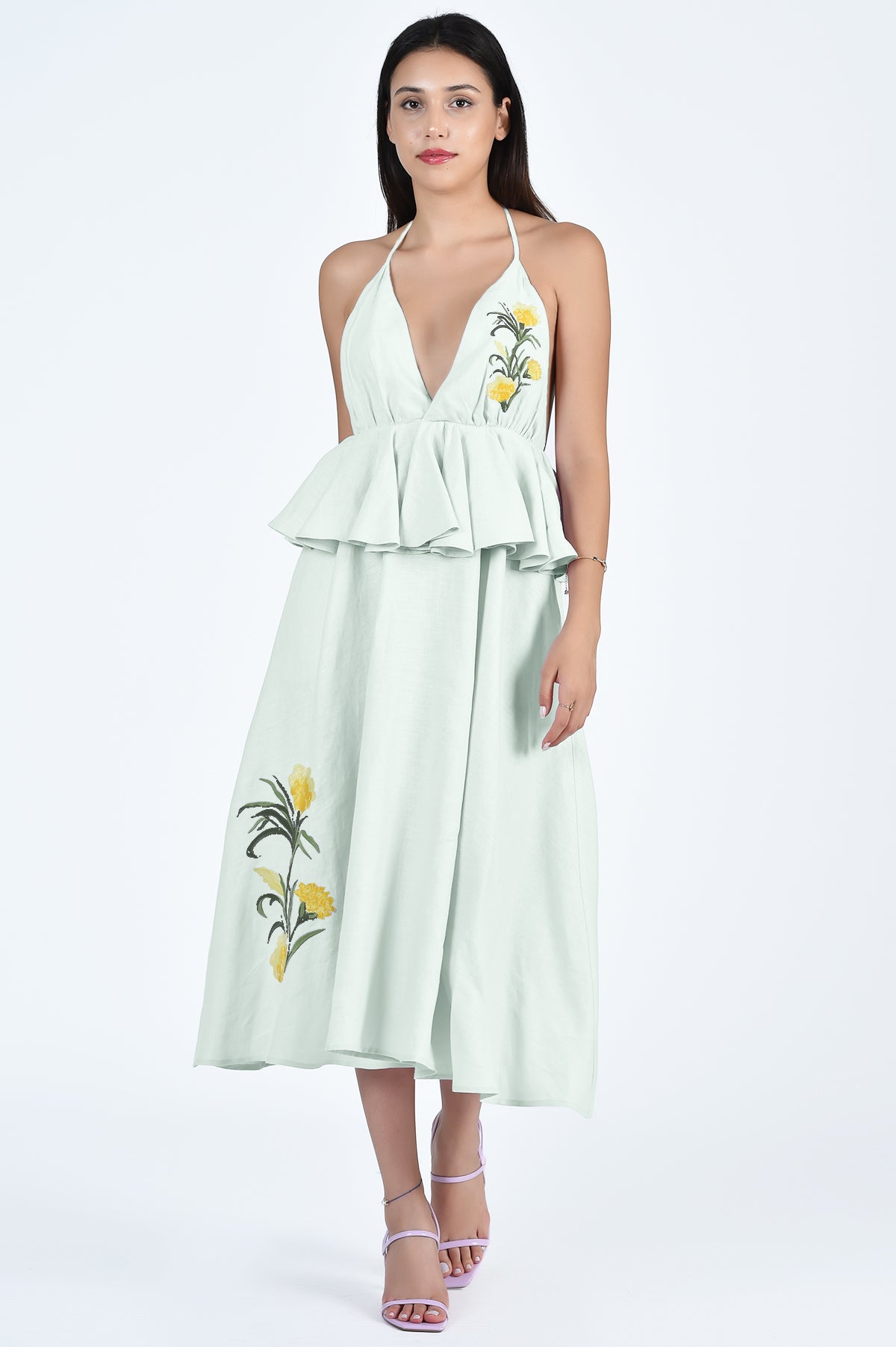 Sherry Midi Dress In Mint Green with Yellow Floral Embroidery Details