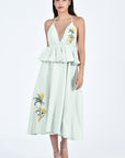Sherry Midi Dress In Mint Green with Yellow Floral Embroidery Details