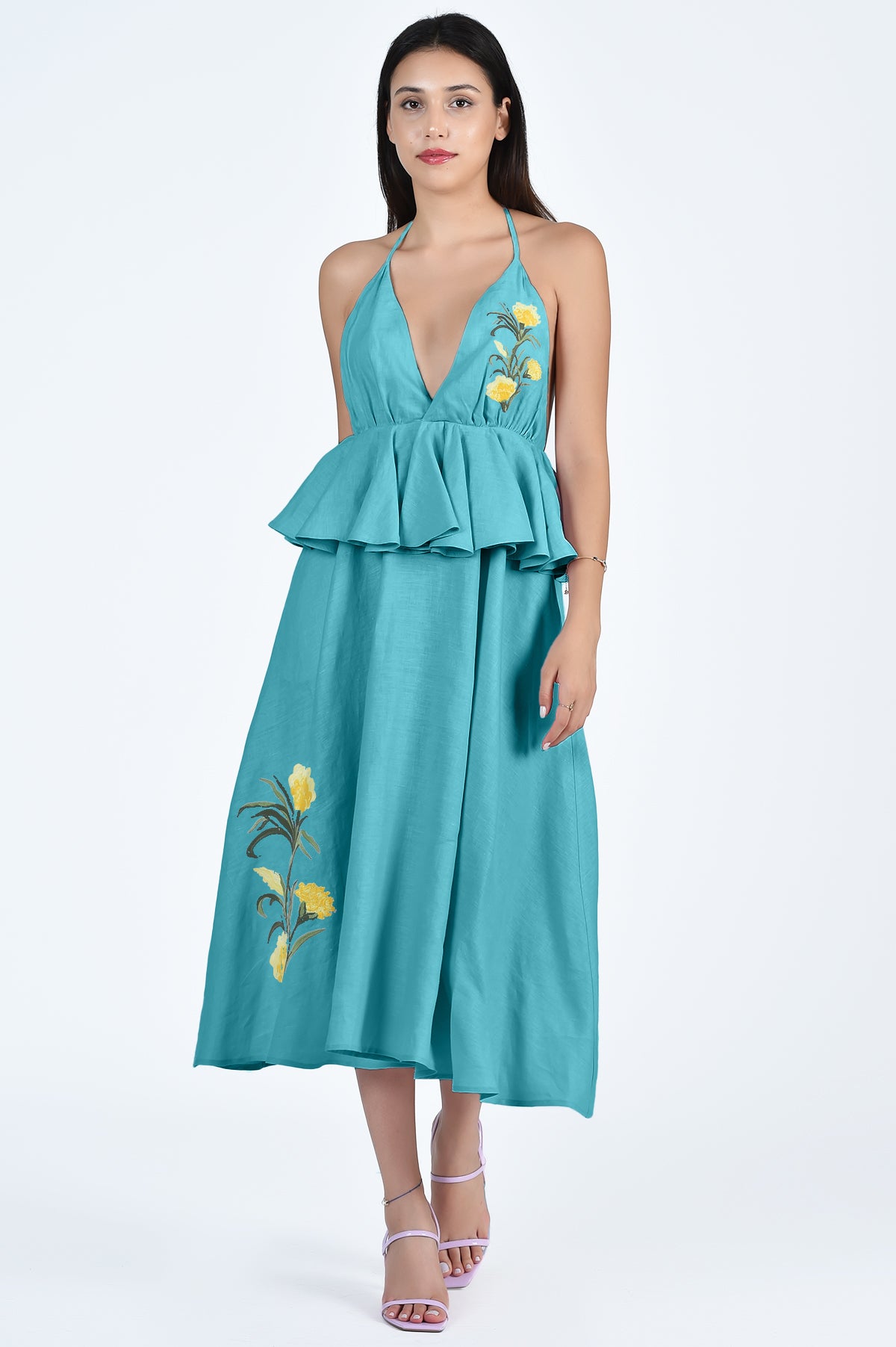 Sherry Midi Dress in Teal With Plunging Neckline and Peplum Detail 