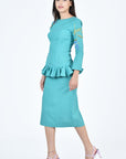 Susan Dress in Teal with Drop Peplum Waist Detail and Blue Floral Embroidery  