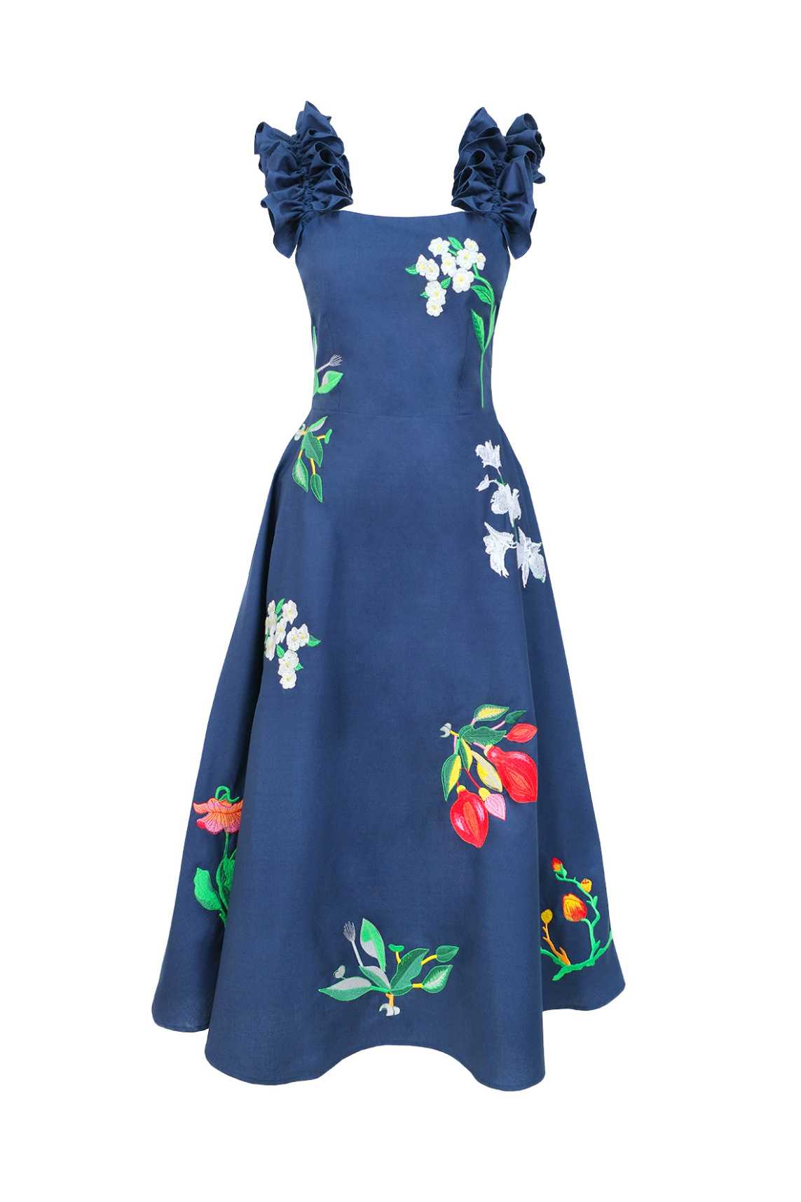 Embroidered midi dress featuring ruffled shoulder straps and hand-placed floral embroidery throughout the silhouette.