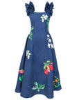 Embroidered midi dress featuring ruffled shoulder straps and hand-placed floral embroidery throughout the silhouette.