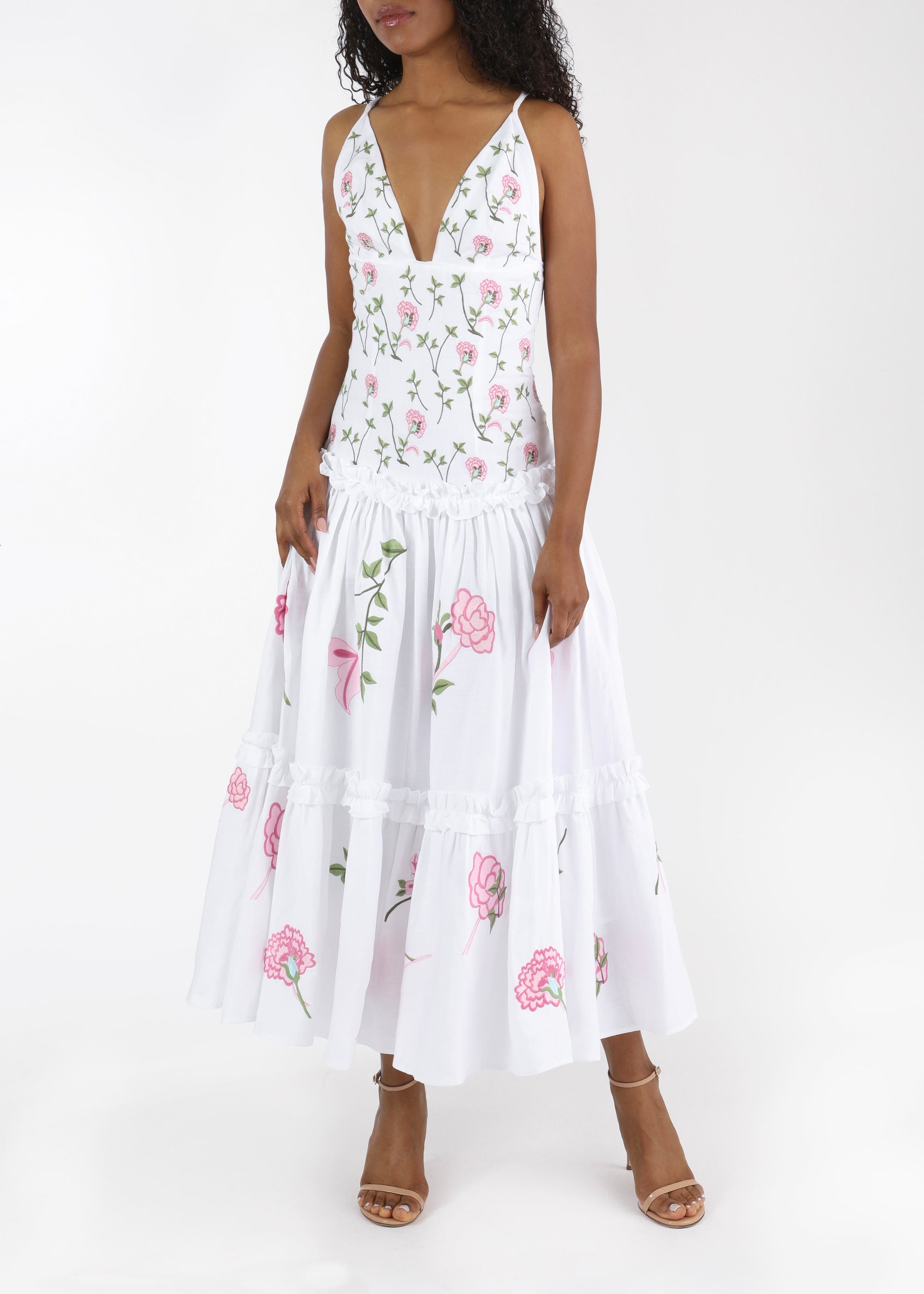 Fanm Mon and Over the Moon Vaughan Dress with Pink Floral Embroidery 