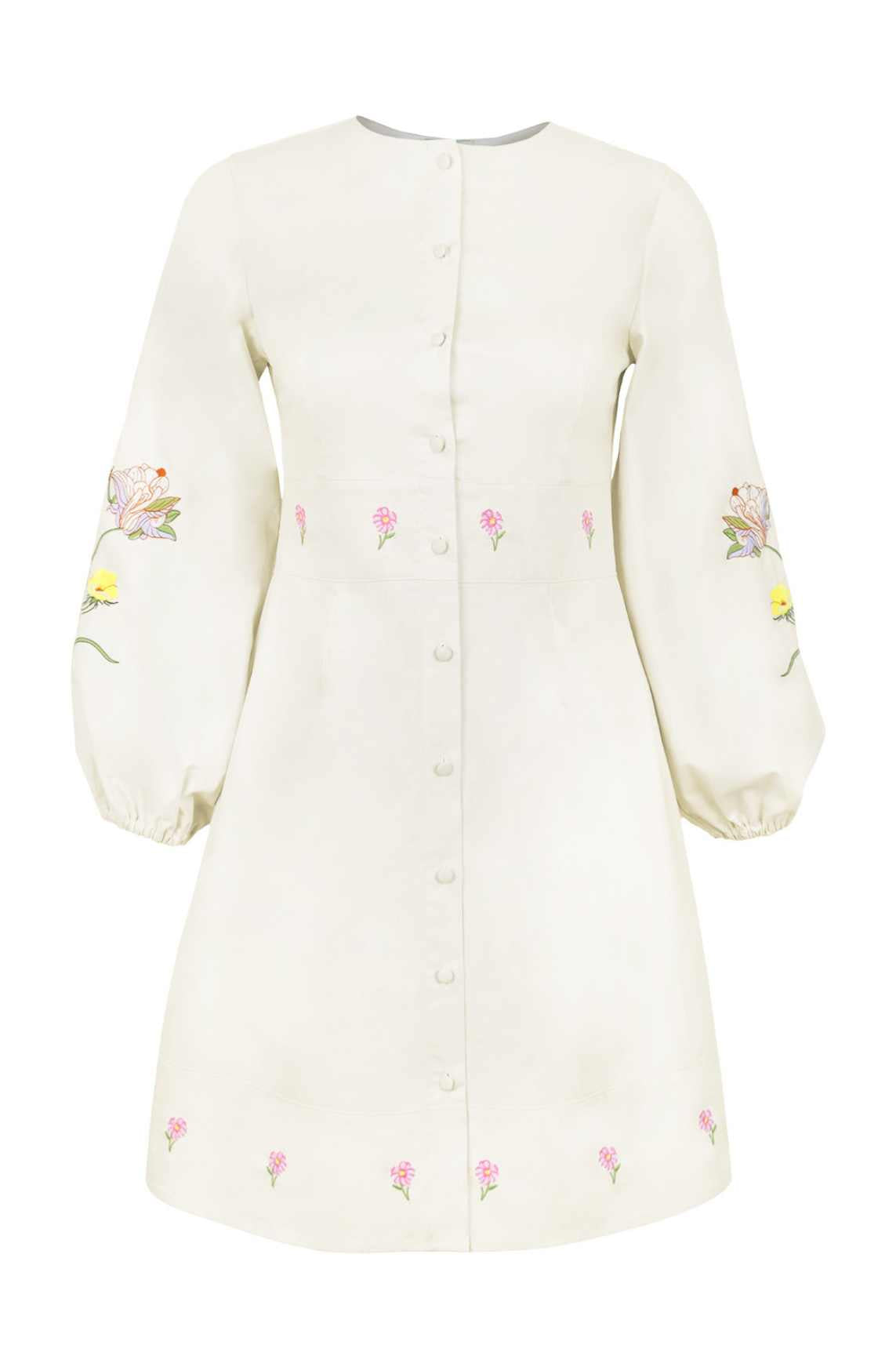 Verona Dress by Fanm Mon featuring floral embroidery, covered buttons, long sleeves, and an elegant A-line mini silhouette.