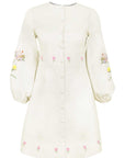 Verona Dress by Fanm Mon featuring floral embroidery, covered buttons, long sleeves, and an elegant A-line mini silhouette.