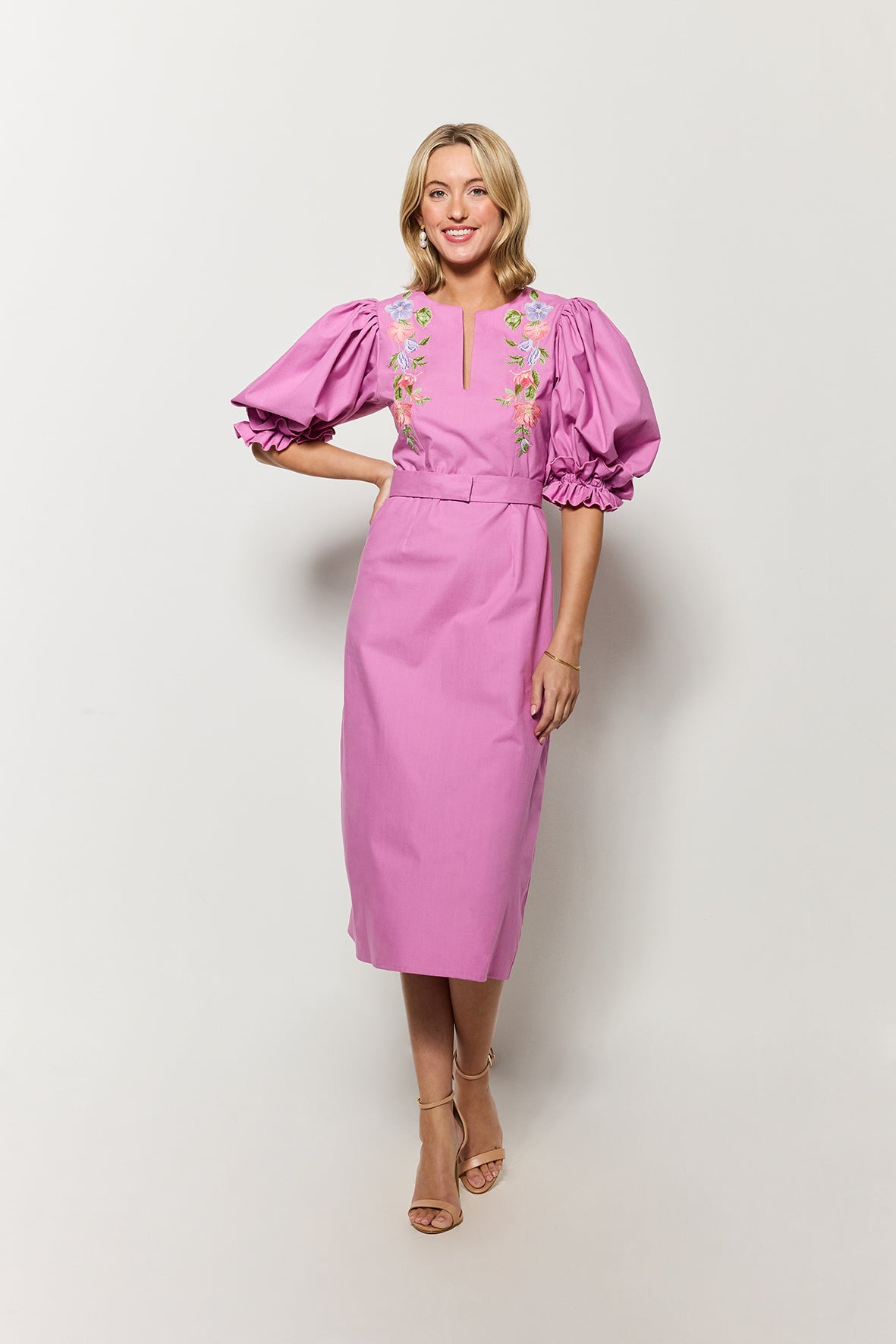 Fanm Mon Santiago Dress in Cotton Midi Length Dress with Floral Embroidery down the bodice, puff sleeves and straight fit. 