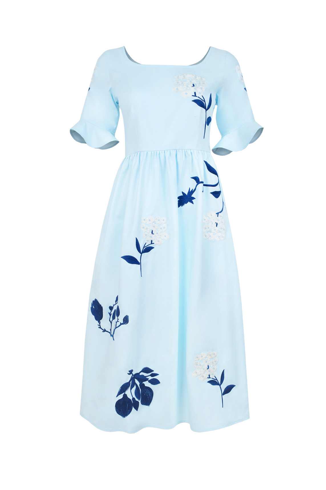 Yaprak Dress by Fanm Mon featuring hand-placed hydrangea embroidery, square neckline, flared sleeves, and a flowing midi silhouette.